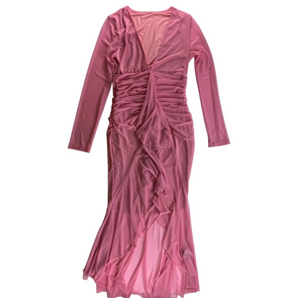 Pink Mesh Ruched Long Sleeve V-Neck Hi Low Dress Sexy Bodycon Barbie Large Date - Picture 1 of 5